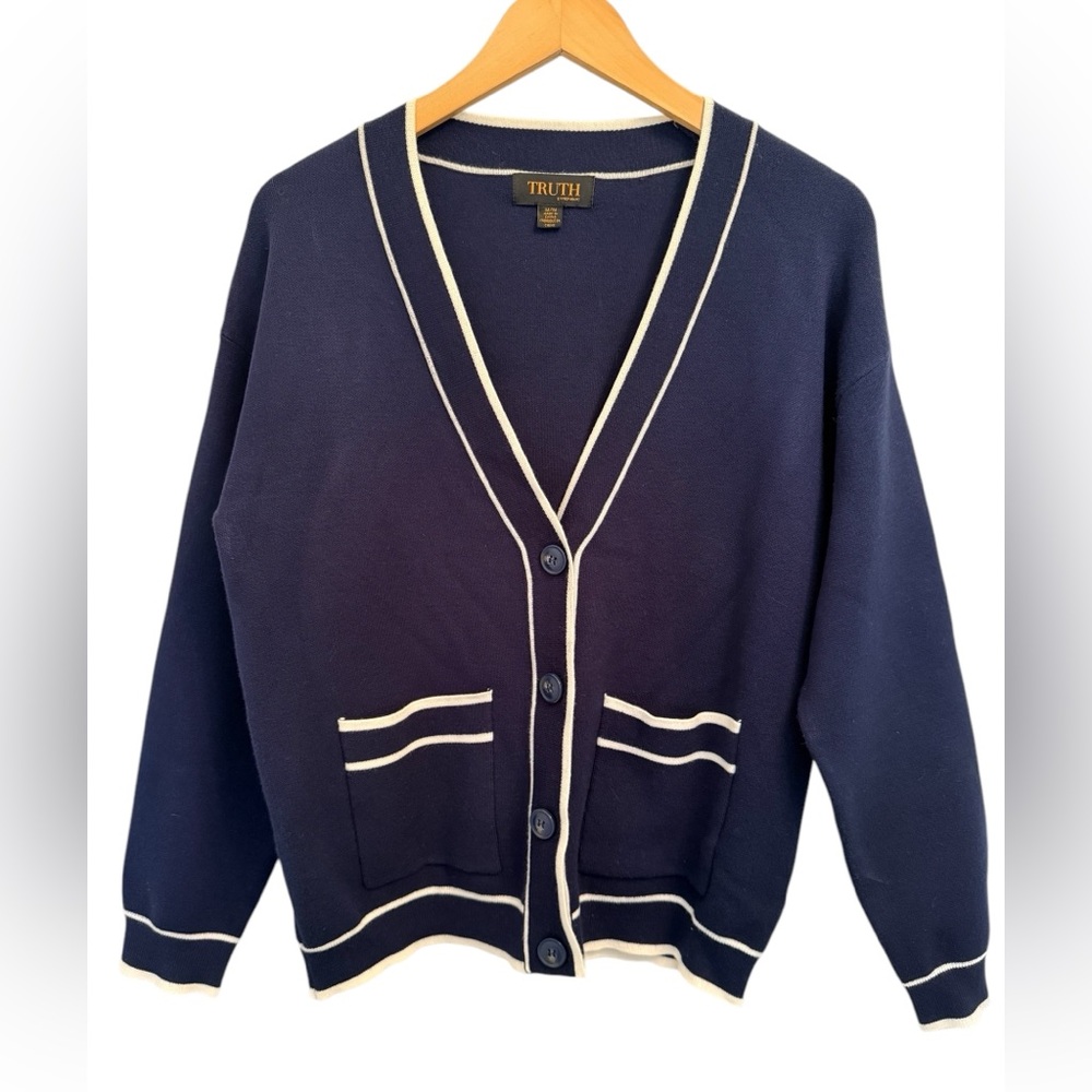 Truth Navy Blue Cardigan with Ivory Trim Size Medium